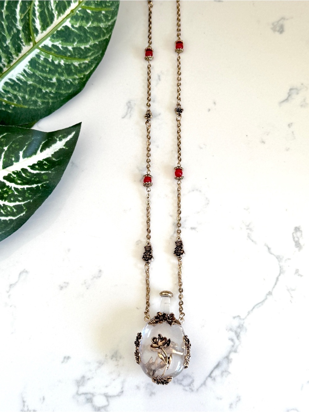 Apothecary Tiny Bottle Floral Motif Gold Necklace Long Jewelry Red Bead Gift NEW - Picture 5 of 12